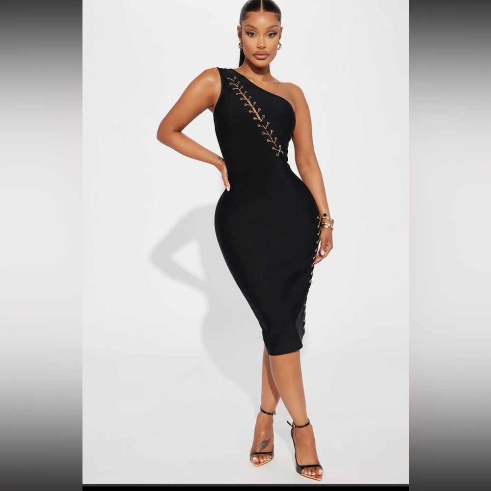 Fashion Nova Black One-Shoulder Dress with Gold Accents